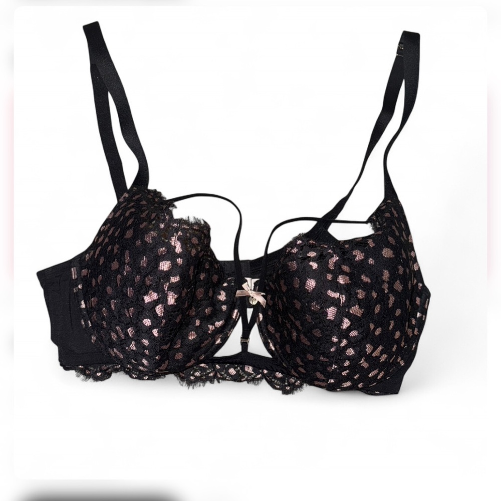 Cacique black lace balconette bra with pink accents, adjustable straps, 38DDD